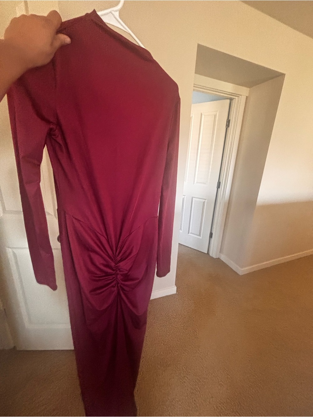 SHEIN Long Sleeve Ruched Midi Dress in Burgundy